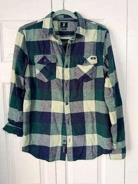 Vans Green Navy Plaid Flannel Button Down Shirt Slim Fit Small